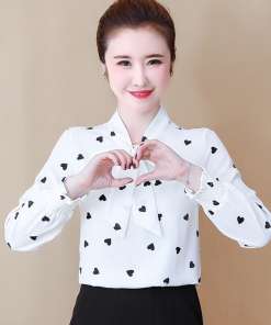 Women Casual Chiffon Blouse Spring Heart Print Office Lady Long Sleeve Bow Collar Shirt Tops Y