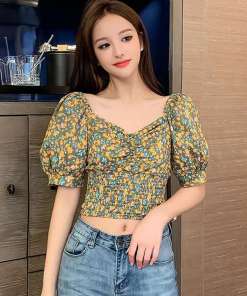 Women's Floral Print Blouses Square Collar Sweet Sexy Puff Sleeve Retro Chiffon Shirt Tops