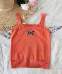 Women Butterfly Print Knitted Tank Tops Casual Solid Color Beach Vest Sleeveless Basic Camisole,