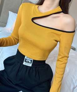 Tees Korean Stitching Color Tight T-shirt Hollow Sexy Long-sleeved T-shirt Off-the-shoulder Short Exposure Navel Tops