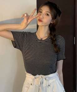 T Shirt Women Striped Crop Tops Harajuku Tshirt Summer Short Sleeve Korean Punk T-shirt camiseta feminina