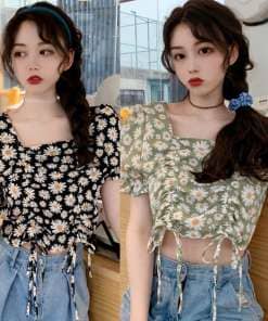 women's blouse vintage Floral Summer blusas Square Collar Print Shirts Sexy Pleated Short Chiffon Blouses